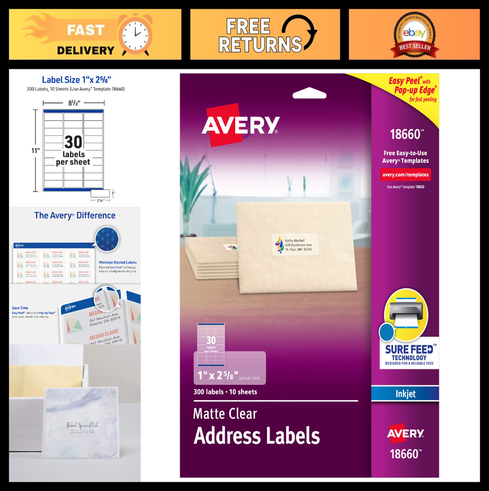 Printable Address Labels, 1″ x 2-5/8″, Matte Clear, 300 Blank Mailing Labels, Su
