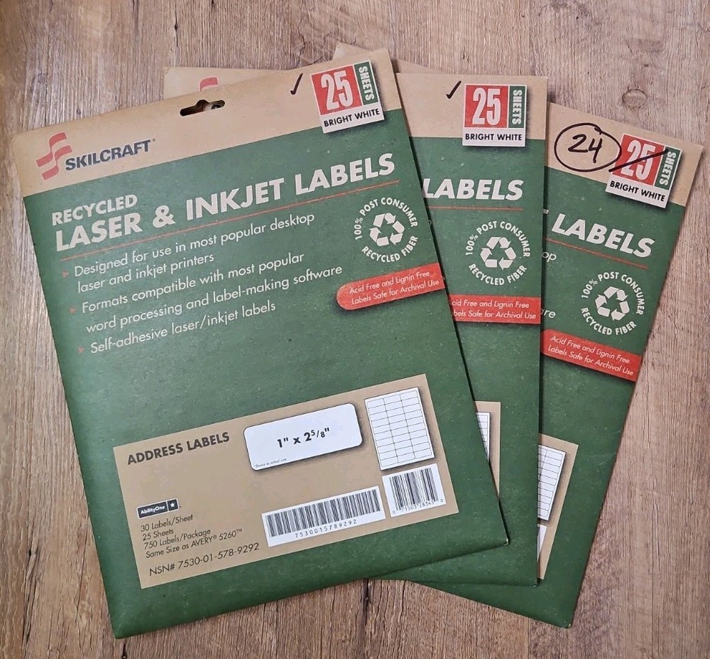 SKILCRAFT Recycled Laser & InkJet Labels, 1″x2-5/8″, 2220 Labels Like Avery 5260