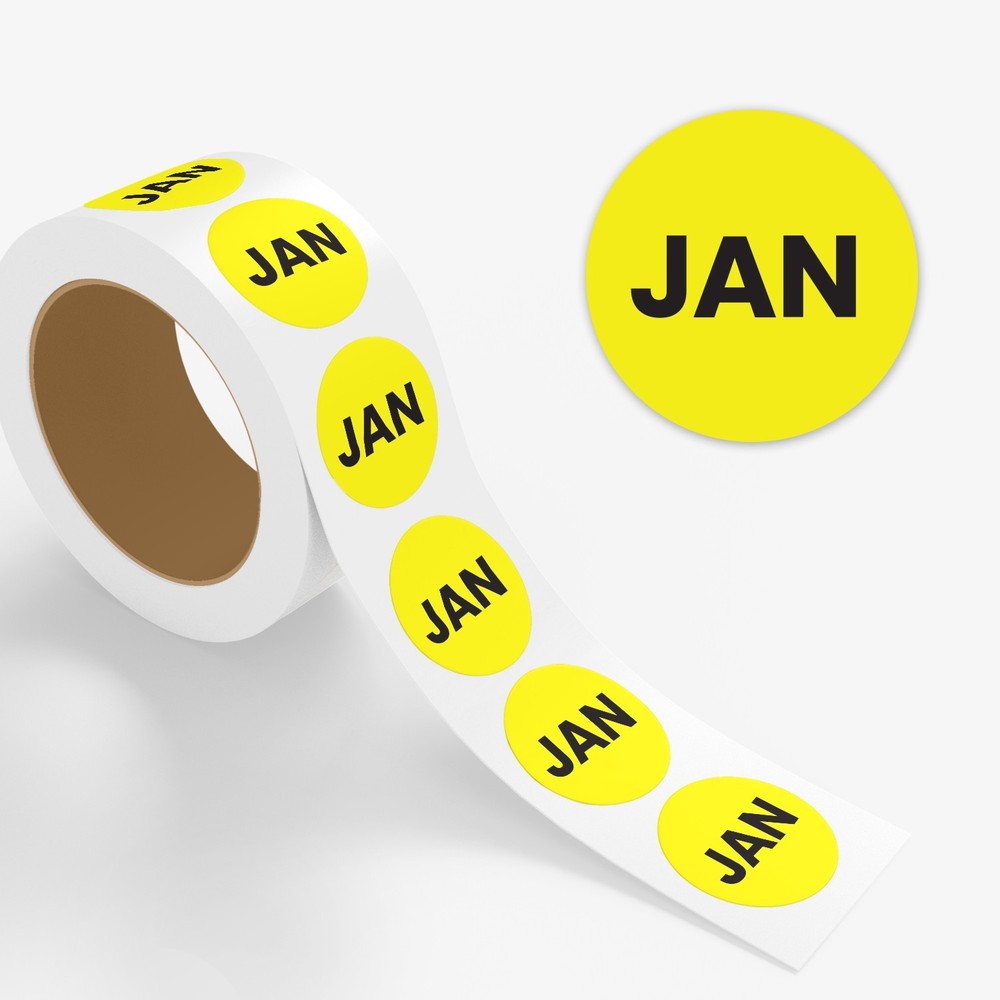StickerJet Month Labels – 500 Pcs Roll Round Paper Stickers, Strong Adhesive