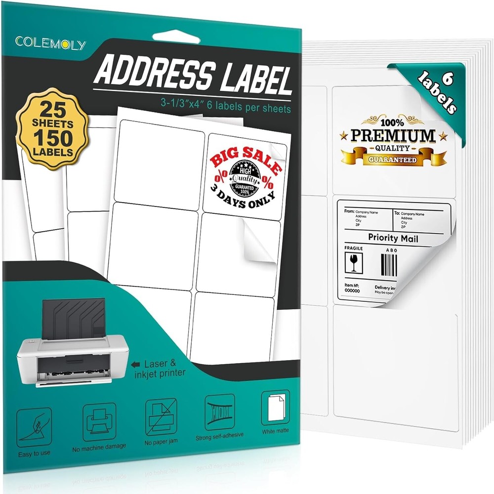 3.33×4 in Labels – 25 Sheets 6 Label Stickers Paper for Inkjet/Laser Printer 150