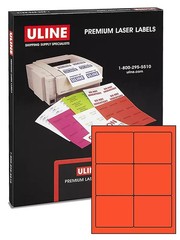 ULINE S-3848R Laser Labels – Fluorescent Red, 4 x 3 1⁄3″, 50 sheets