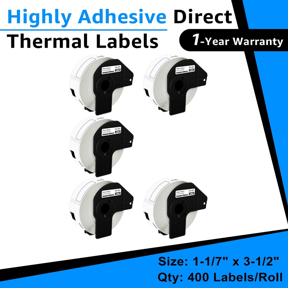 5Rolls DK-1201 1.1in x 3.5 in Standard Paper Address Labels For Brother QL-810W