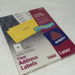 Laser Labels, Address, Clear 1″x2-3/4″, 1500 per Box,30 per Sheet NEW – FULL BOX