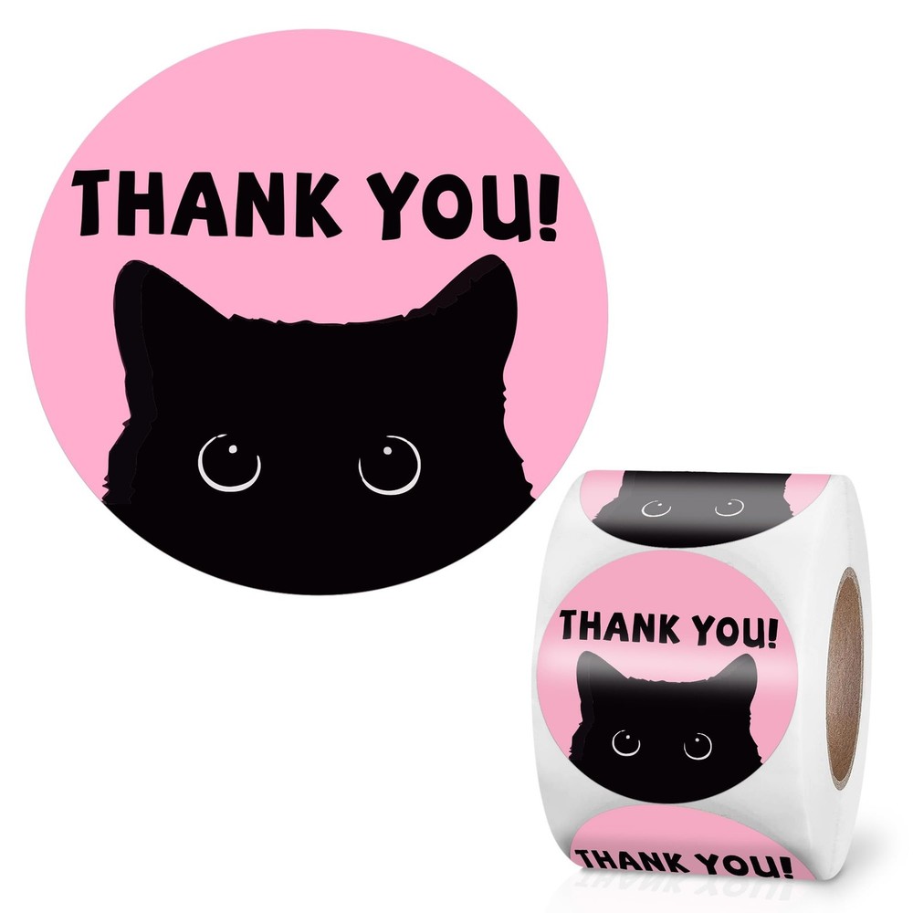 500 PCS Cute Pink Thank You Stickers – 2 Inch Funny Black Cat Design Stickers…