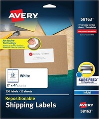 Avery 58163 Inkjet Labels, Shipping,Repositionable,2-Inch x4-Inch ‘,250/BX,WE