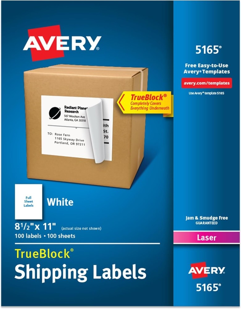 Avery Full-Sheet Printable Shipping Labels, 8.5 x 11 Customizable Stickers 5165