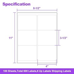 600 Shipping Address Labels 3-1/3″ x 4″ 100 Sheets Laser Inkjet Printer Stickers