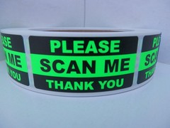 PLEASE SCAN ME THANK YOU QR CODE BARCODE 1×2 sticker label fluor green 250/rl