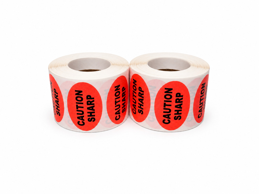 Caution Sharp 1.5×1 Oval Warning Labels 2 Rolls 1000 Total Stickers