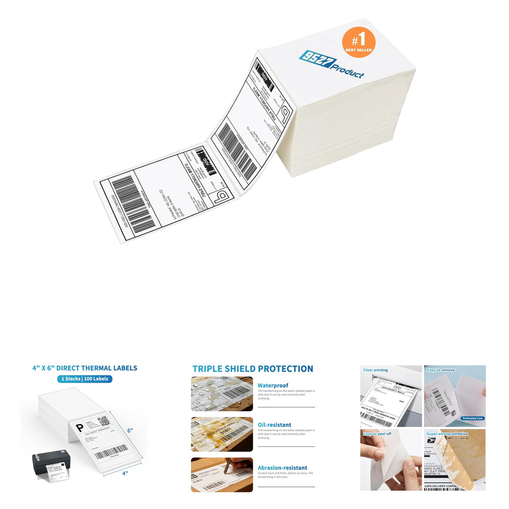 4 x 6 Thermal Labels Pack of 100, Perforated Shipping Labels for Direct Thermal