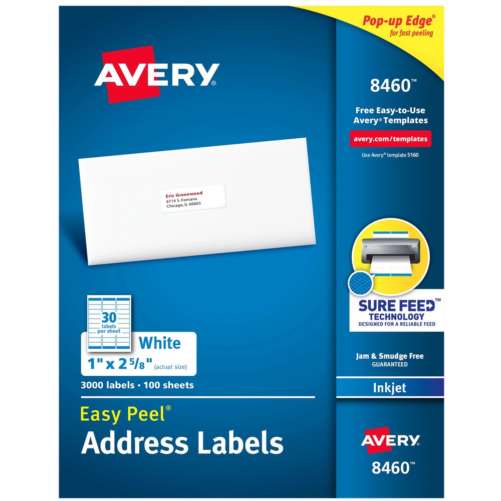 Inkjet Labels, Mailing, 1″x2-5/8″,3000/PK, White