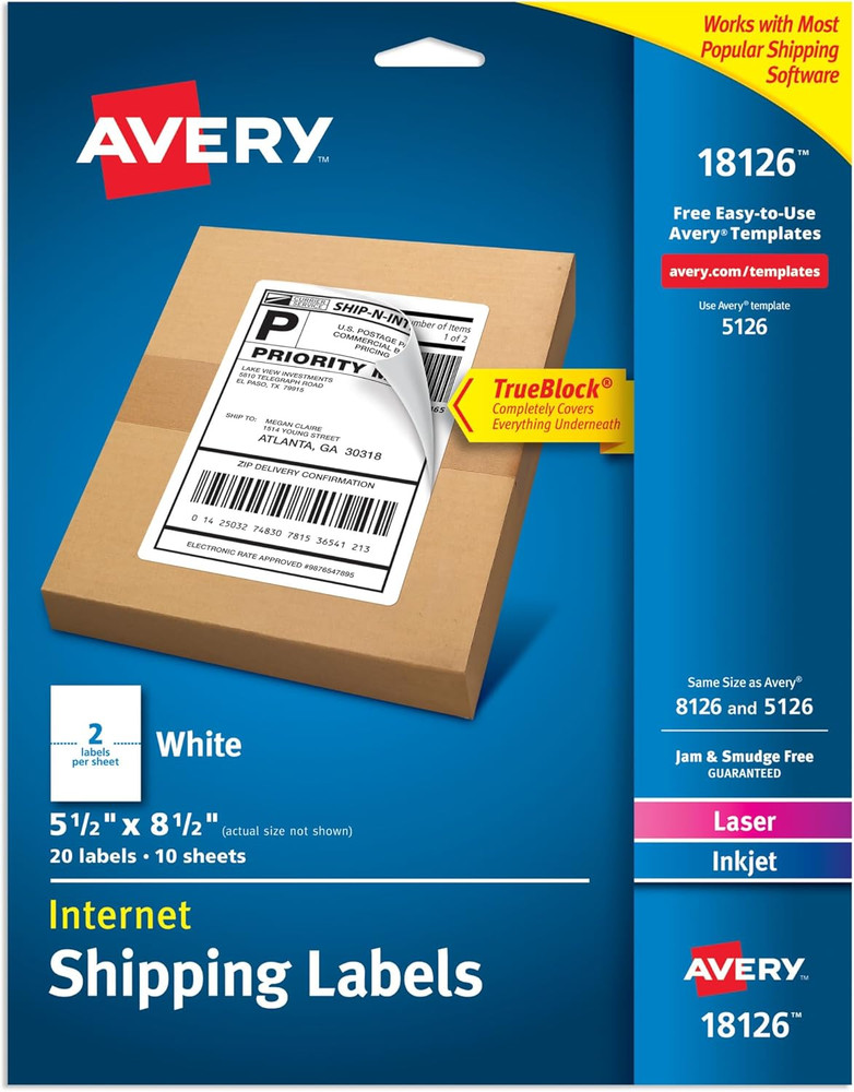 Avery Half-Sheet Printable Shipping Labels, Customizable Stickers 5.5″ X 8.5″