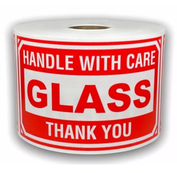 Glass Shipping Labels 3X5” (12 Count) Vinyl Handle W/ Care For Fragile Package