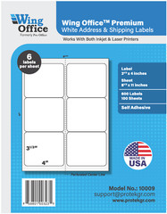 WING OFFICE 600 Premium Shipping Labels Blank Self Adhesive 6 per Sheet 3.33 X 4