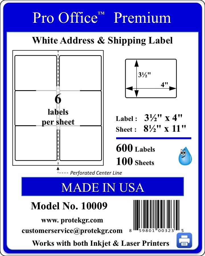 600 Pro Office Premium 4 x 3 1/3 6-up Self Adhesive Blank Laser /Ink Jet Labels
