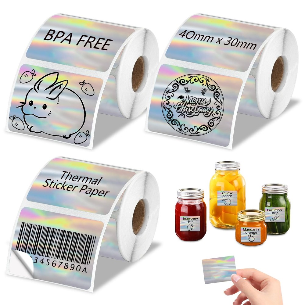 3 Rolls Holographic Thermal Labels 40 * 30mm Square Sliver Custom Sticker for…