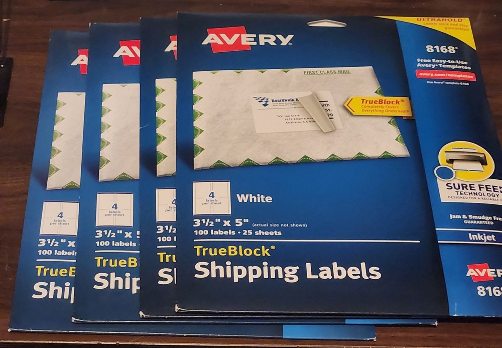 Avery 8168 TrueBlock Shipping Labels 4pack White 3.5 x 5 in 100 Labels 25 Sheets