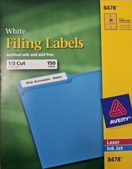 Avery White filing Labels 8478 3.5in x 0.5 in 150 Labels 1/3 Cut Archival Safe