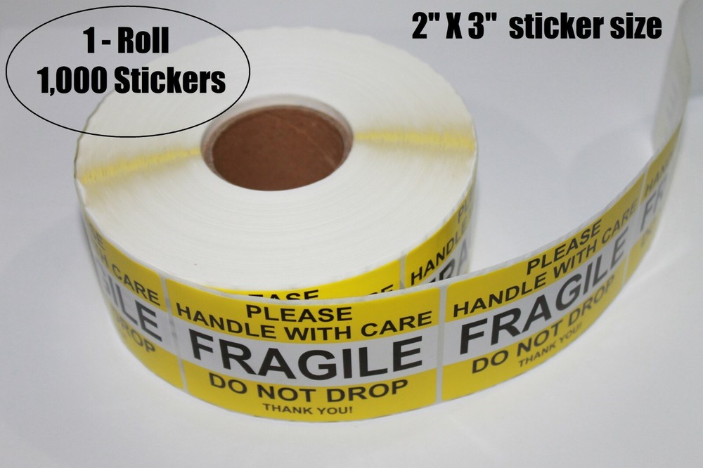 2 x 3 YELLOW 1,000 Roll FRAGILE HANDLE WITH CARE Stickers Labels Strong Adhesive