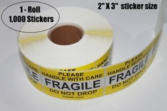 2 x 3 YELLOW 1,000 Roll FRAGILE HANDLE WITH CARE Stickers Labels Strong Adhesive
