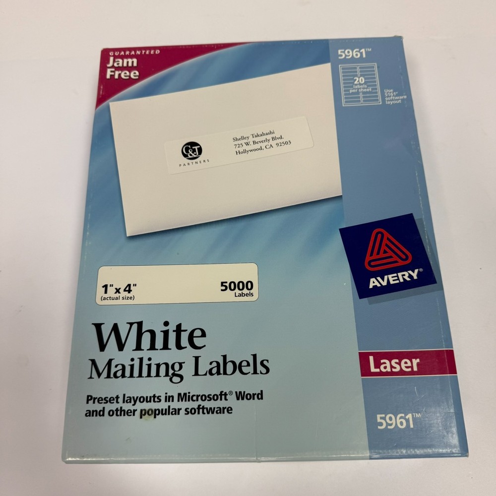 Avery 5961 White Mailing Address Labels Laser 1×4 3100 Ct 155 Sheets x 20