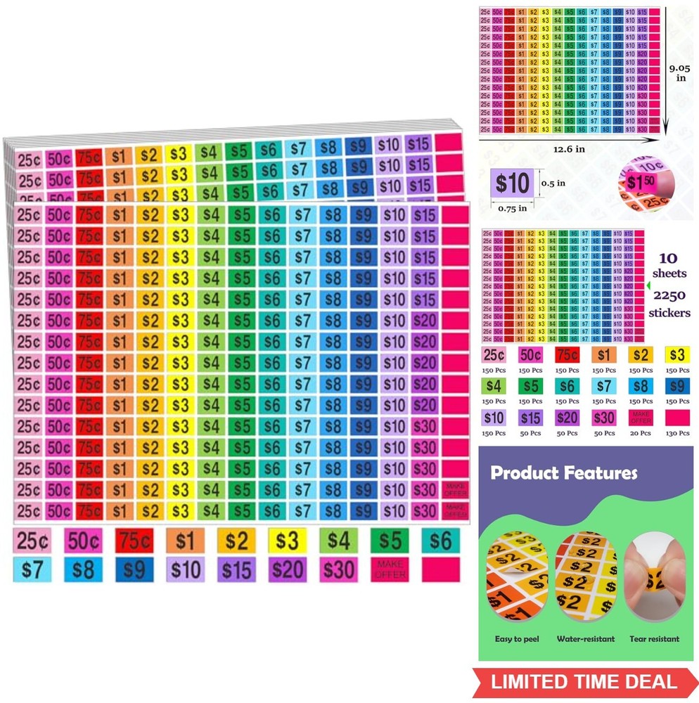 Price Stickers 2250 Pcs Preprinted Garage Sale Labels 1/2 x 3/4 Inch Bright