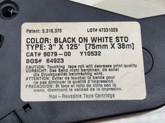 USED – Brady 64923 Supply Cartridges BLACK on WHITE STD TYPE 3″ X 125′