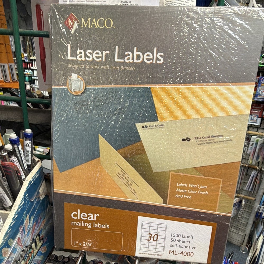 MACO ML-4000 Clear Laser Mailing Labels, Self-Adhesive, 1500 Labels (50 Sheets)
