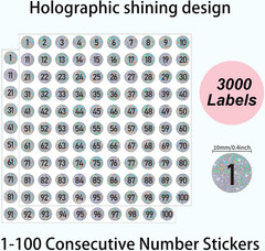 3000 PCS Small Number Stickers Labels, 0.4 Inch Glitter Silver Consecutive Numbe