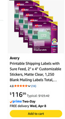 1,250 Avery Matte Clear Shipping Labels Sure Feed Technology 2″ x 4″ 8663 Bul