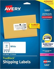 Avery 5263 Laser Labels, Mailing, Permanent, 2-Inch x4-Inch , 250/PK, White