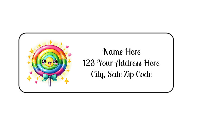 30 Glow Sparkle Lollipop PERSONALIZED RETURN ADDRESS LABELS 1 in X 2 5/8 GLOSSY