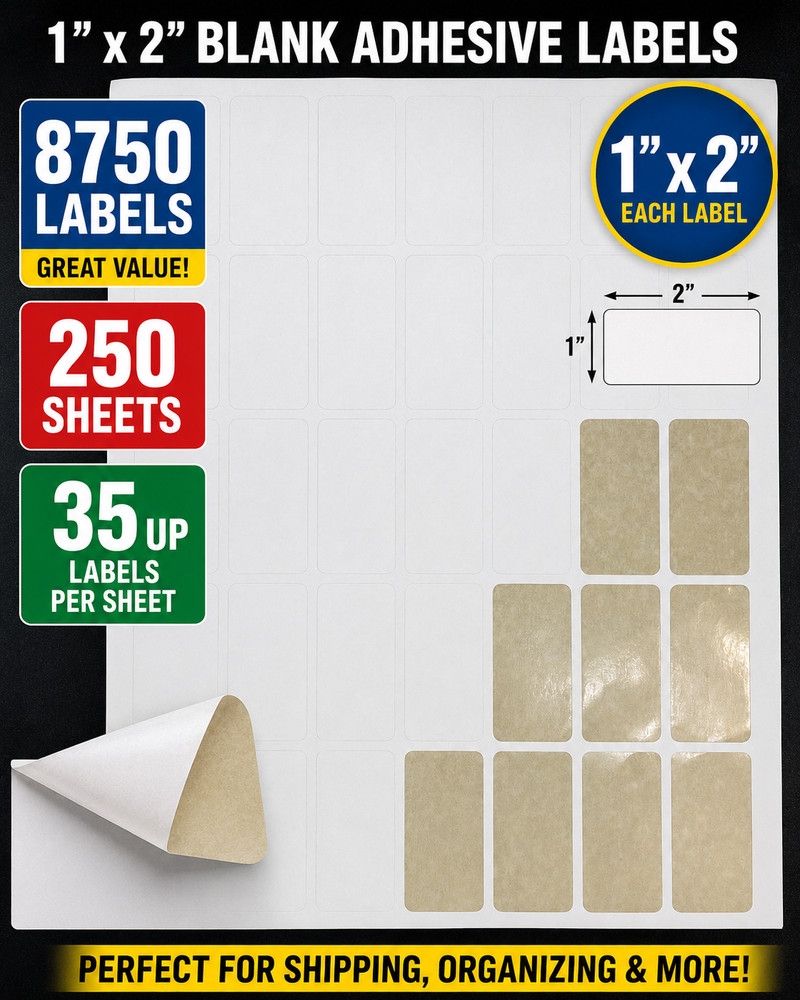 8750 Blank 1 x 2 Shipping Multipurpose Adhesive Labels – 250 Sheets 35 UP 1×2