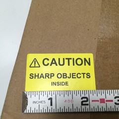 ⚠CAUTION SHARP OBJECTS INSIDE Warning Sticker Label Yellow 2.25″ L x 1.25″ H