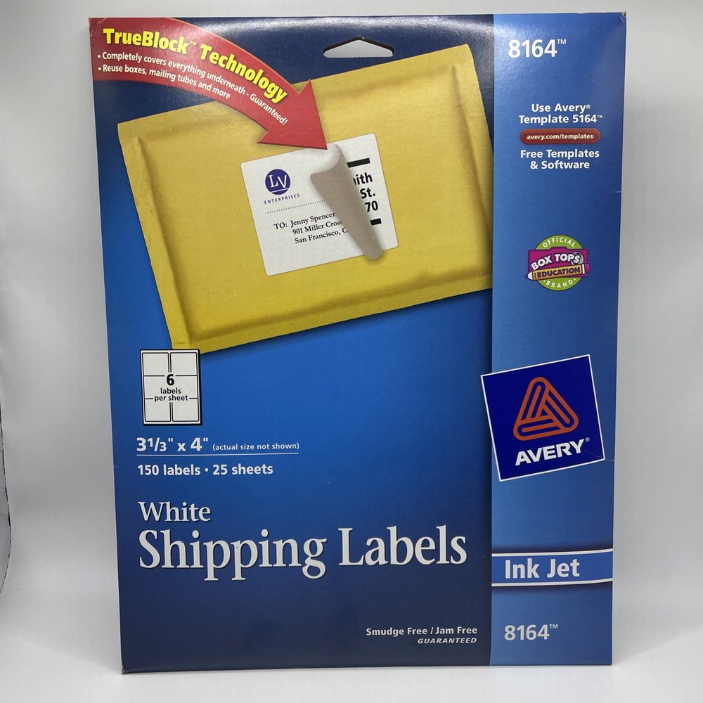 Avery 8164 3 1/3 x 4in Trueblock 25 Sheets 150 Shipping Labels