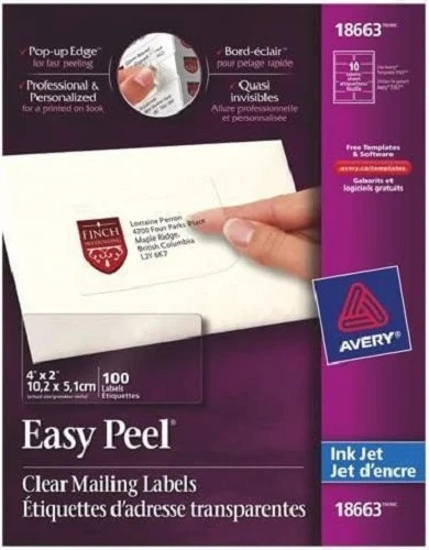 Clear Easy Peel(R) Shipping 2x4in labels Clear Permanent 10-up 10-sheets 100/PK
