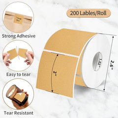 2” Square Thermal Labels Printer Stickers- Kraft, Self-Adhesive Square Direct T
