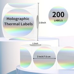 3″ Holographic Direct Thermal Label Stickers, Round Printable Rainbow Glitter…