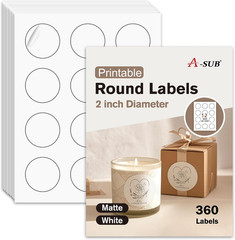 2″ round Label Stickers for Inkjet or Laser Printer, Matte White, 360 Printable
