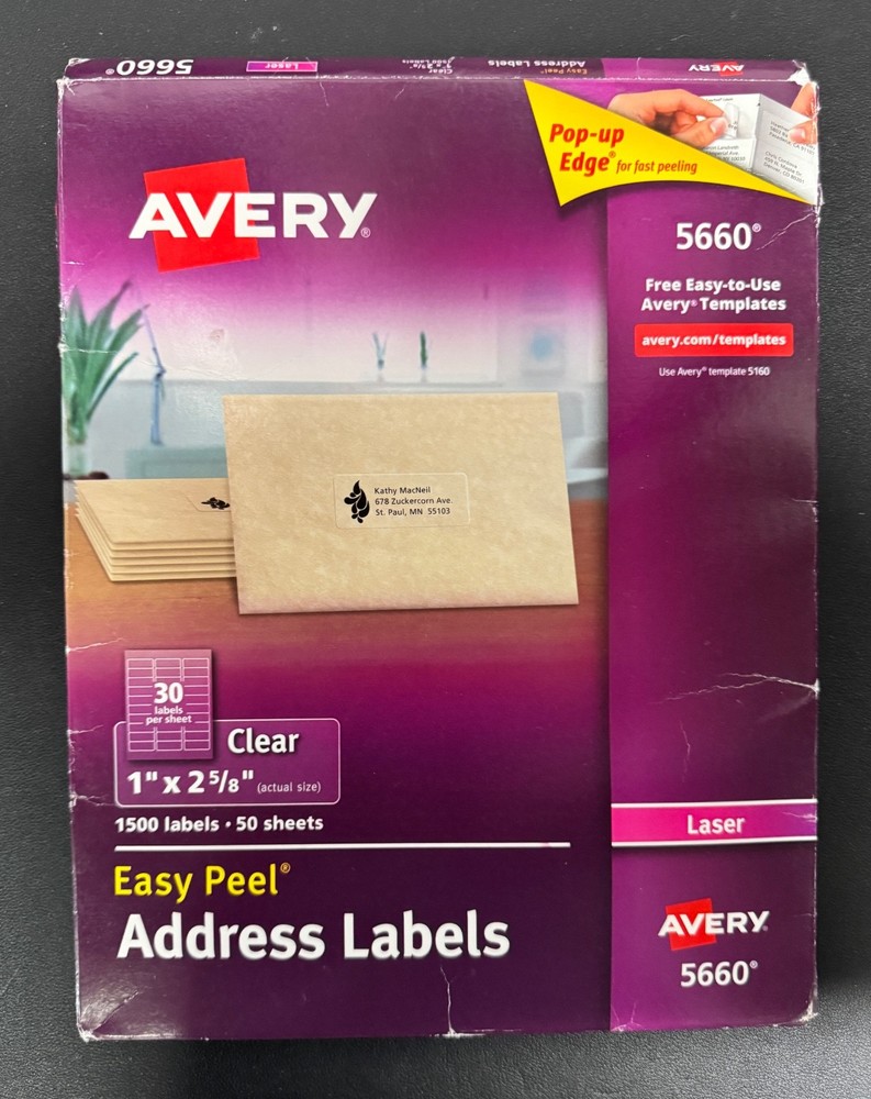 Avery Easy Peel Clear Address Labels – 1″ x 2⅝” – 1500 Labels #5660 (Z12)