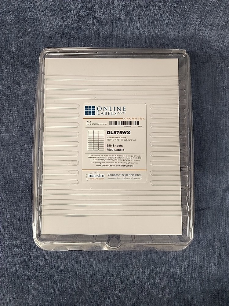 Online Labels Standard White 250 sheets 30per sheet 7500 labels OL875WX NEW s-1D