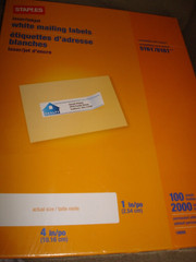 Staples White Mailing Labels Laser Printers 1 x 4Inch 100 Sheets 2000