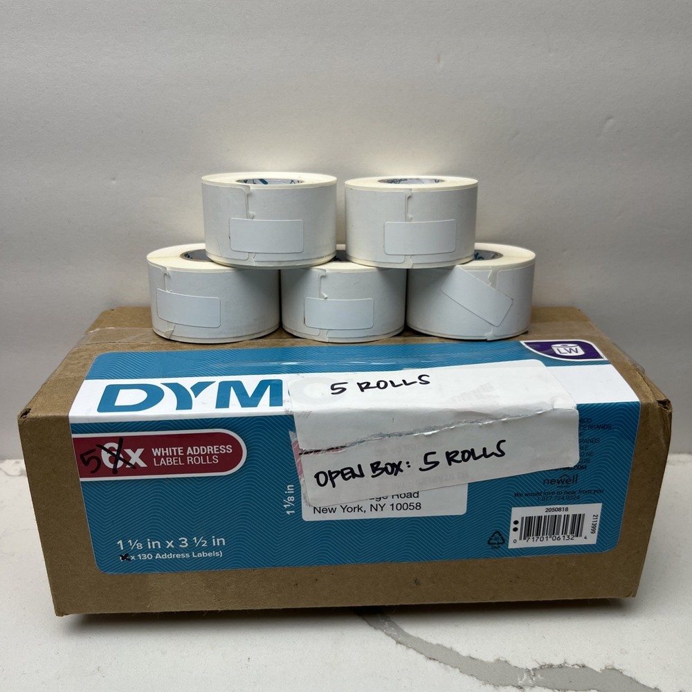 5 Rolls (5×130 labels) Genuine DYMO 2050818 White Address Labels 1-1/8×3-1/2 in