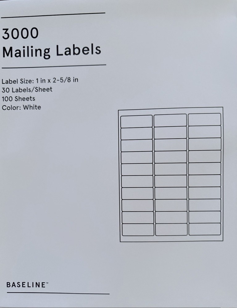 3000 Blank, White Mailing Labels 1″ x 2-5/8″ 30 Labels per Sheet by Baseline