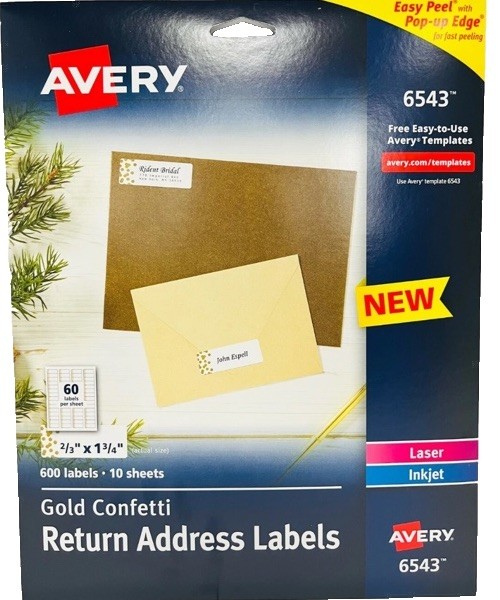 1pk 600 Labels Avery Easy Peel Address Labels, 2/3″x1-3/4″,Gold Confetti Design