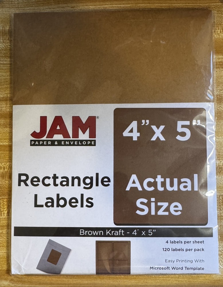 JAM PAPER Labels 4”x5” Brown Kraft Rectangle 120 Labels 30 sheets New