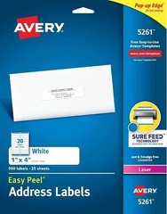 Avery 5261 Easy Peel Mailing Address Labels, Laser, 1 x 4, White, 500/Pack