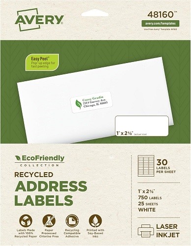 Avery 48160 EcoFriendly Laser/Inkjet Address Labels, 1 x 2-5/8, White, 750/Box