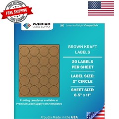 Brown Kraft Sticker Round Labels – 2″ Circle – Laser/Inkjet Compatible – 20 p…