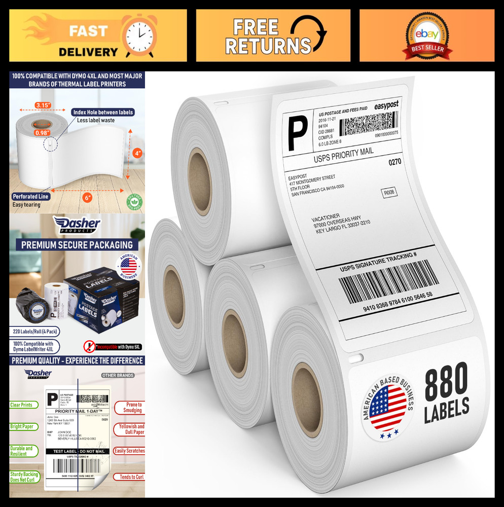 4×6 Thermal Shipping Labels for Dymo LabelWriter 4XL – Water Resistant, Strong A